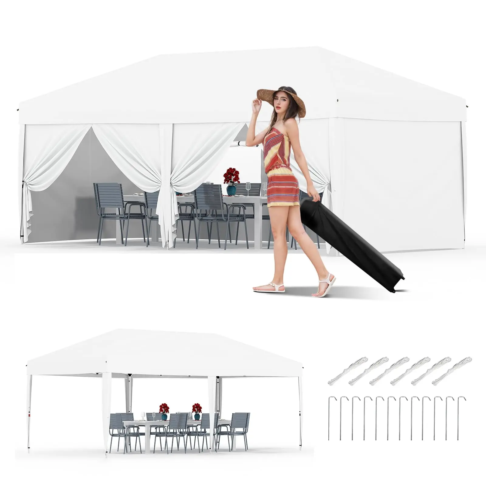 Garvee 10'x20' Waterproof Pop-Up Canopy Tent - Portable Instant Party Gazebo with 6 Sidewalls & 12 Stakes | Heavy-Duty Outdoor Event Tent for Weddings, Backyard, Camping & Markets (White)