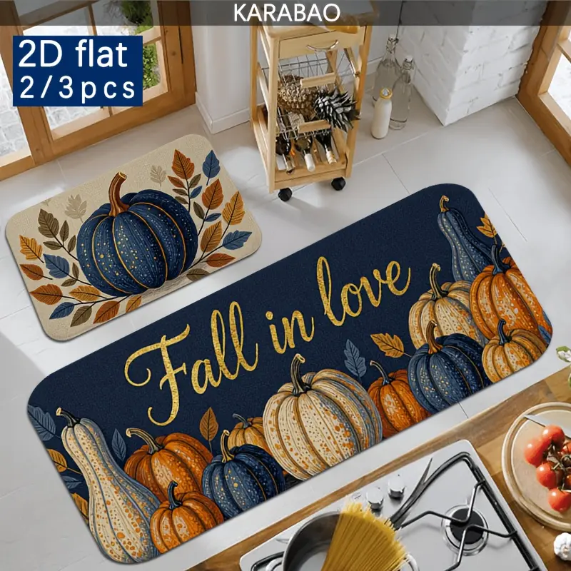 1/2/3pcs Autumn Pumpkin Themed Kitchen flannel Mat Set, Dark Blue Background with Golden "Fall in Love" Text, Decorated with Warm-toned Fallen Leaves and Colorful Pumpkin Patterns,  Machine Washable