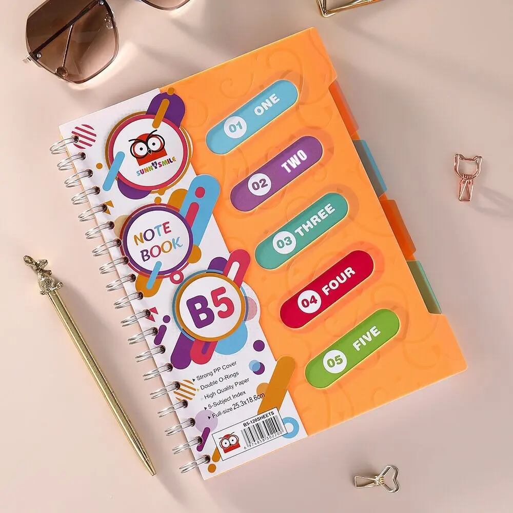 Five Subject Spiral Notebook, B5 Size with Five Tab Dividers, 120 Sheets Multisubject Notebook, Ideal for School, University, Work, Notes, Diary, Spiral Coil Notebook