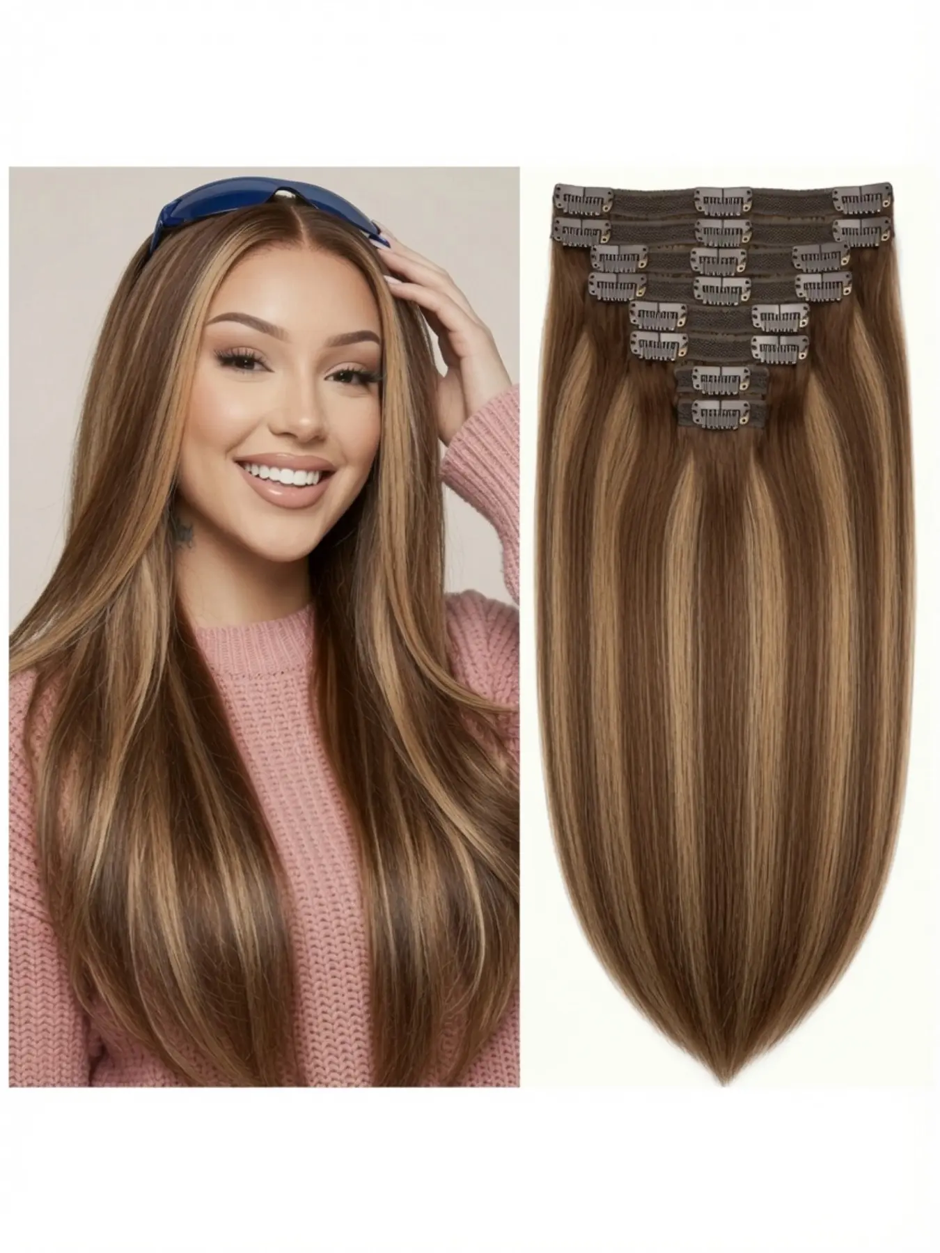 8 Pcs 18 Clips 4/27 Highlight Straight Clip In Human Hair Extensions For Women, Chocolate Brown Blonde Mixed Real Hair Soft Smooth Thick Strands For Daily Holiday Party Styling