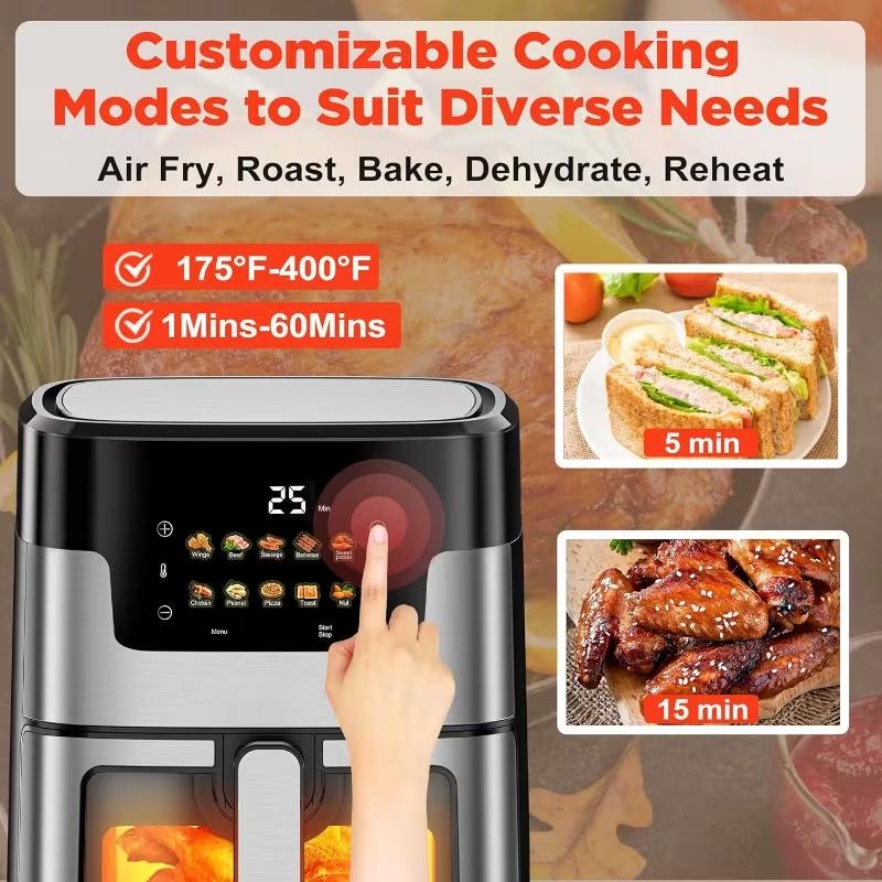 [10-in-1 Air Fryer] 10-in-1 Digital LED Touch Screen Air Fryer, 7.5QT stainless steel material Oilless Cooker with 10 Preset Cookings, Dishwasher-Safe Basket & 20pcs Air Fryer Paper Liners