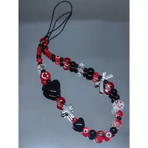 Purple Rose Red Mobile Phone Charm Strap Chain Lanyard Acrylic Cross Black Heart Glass Bead Jewelry Women Girl Wristlet Keychain