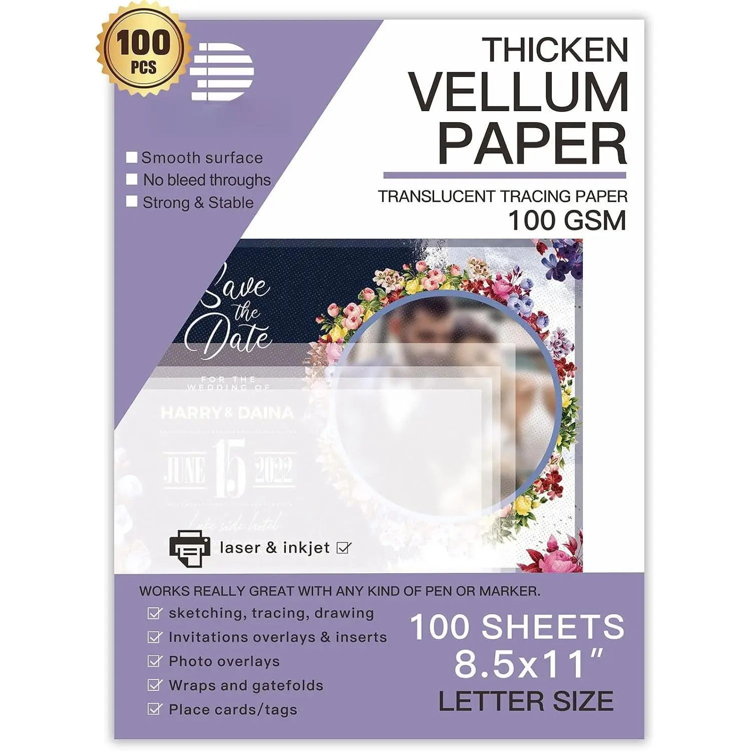 Translucent Vellum Paper,  68LBS 8.5 x 11 inches Printable Vellums for Card Overlays, Invitations  Bands, Envelope, Lantern,50 Sheets