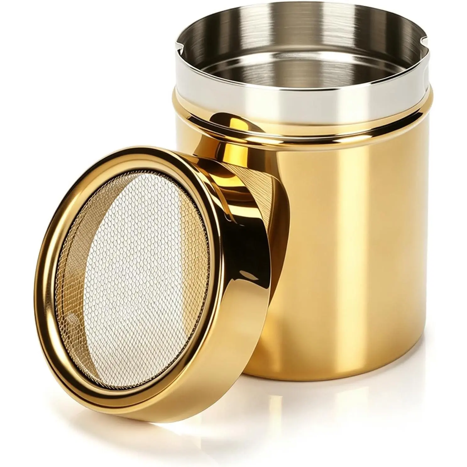 Stainless Steel Dredge Shaker, Powder Sugar Dispenser Fine Mesh Powder Sugar Shaker with Lid Gold Salt and Pepper Shakers for Kitchen Powdered Sugar Shaker