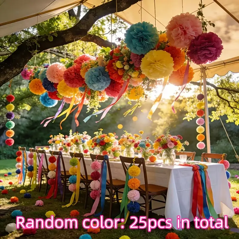 Christmas Halloween 25-Piece Bright Paper Pom Poms Hanging Decor, Papier Mâché Balls for Wedding, Ceiling, Outdoor, Birthday Party