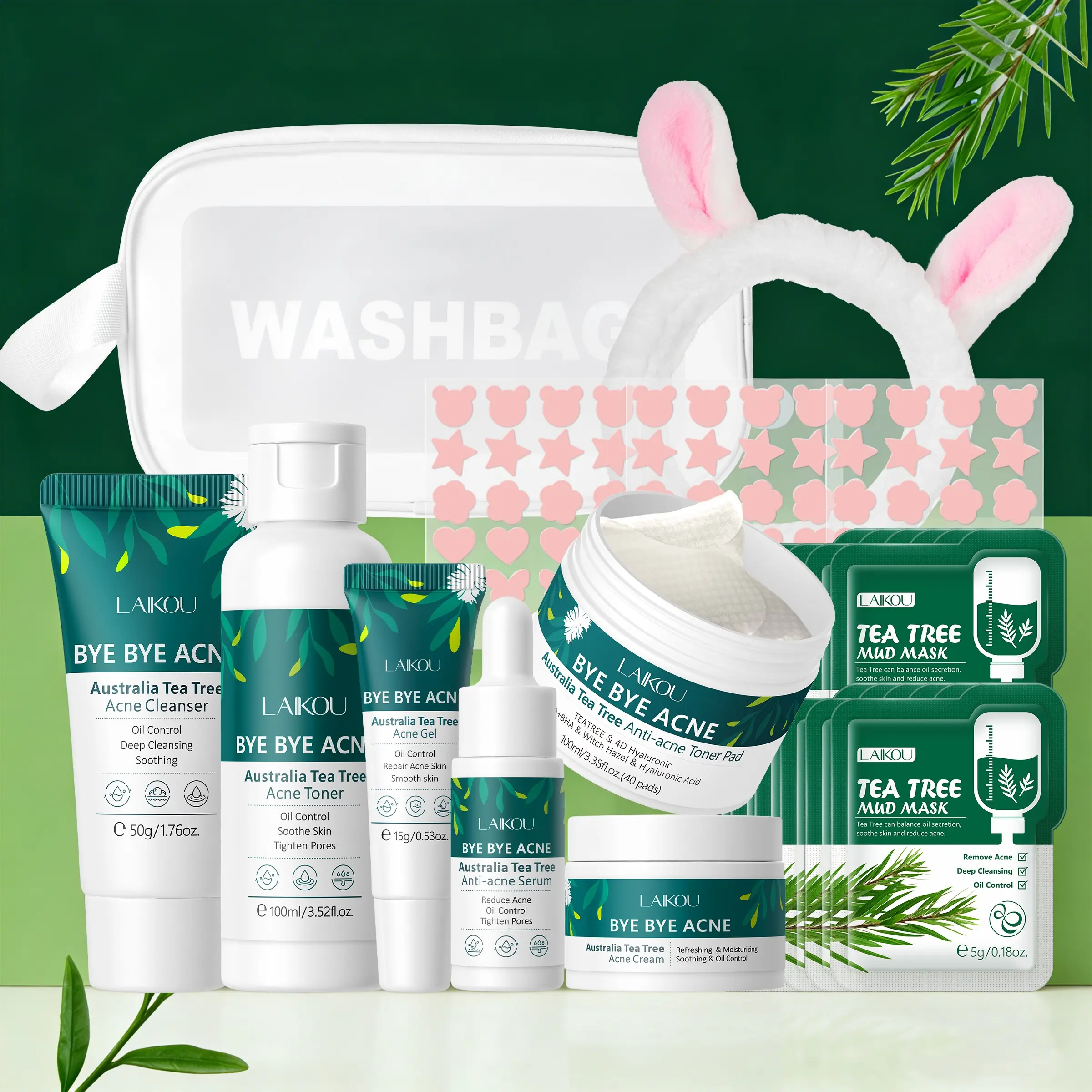 Tea Tree Skincare Set for Acne-Prone Skin - Complete Tea Tree Facial Kit with Cleanser, Toner, Serum, Face Cream, Toner Pads & Mud Mask, Oil Control & Soothing Gift Set for Oily Skin