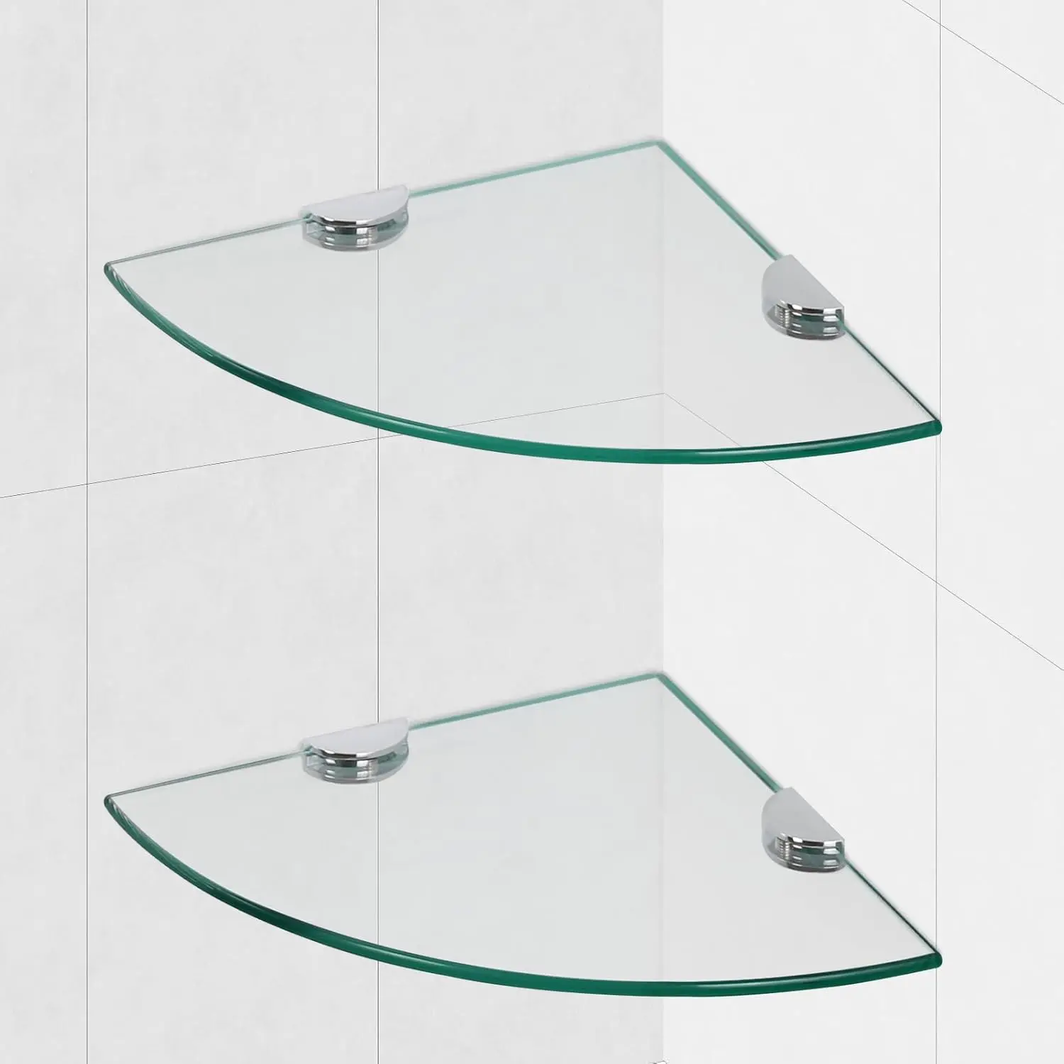 Glass Corner Shower Shelves, Tempered Floating Glass Shelves Wall Mount, Shower Caddy Organizer, Bathroom Corner Shelf with Zinc Alloy Brackets for Bathroom, Kitchen, Living Room, 9.8" x 9.8", 2 Pack