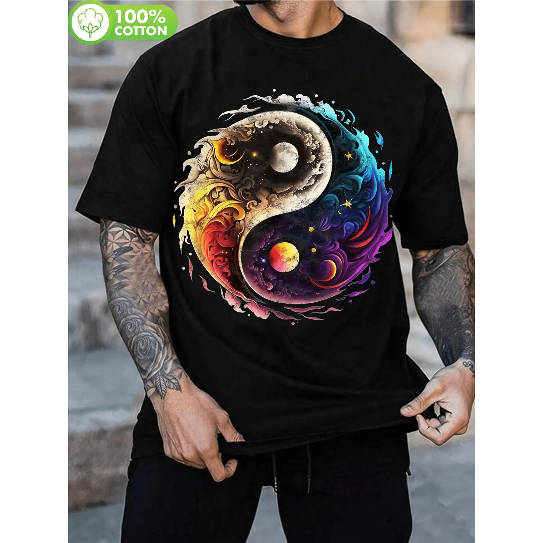 Yin and Yang Sun Moon Universe Tai Chi Qigong Yoga unisex soft cotton short sleeve t shirt, vintage graphic casual tee for men women teens, perfect birthday holiday gift for camping travel gym daily street  wear
