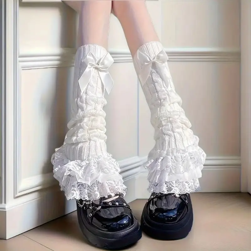 Elegant Slouch Calf Socks for Women, Japanese Style Cable-Knit with Ruffled Lace Trim and Bow, Comfortable for Coquette Outfits, Satin, Feminine