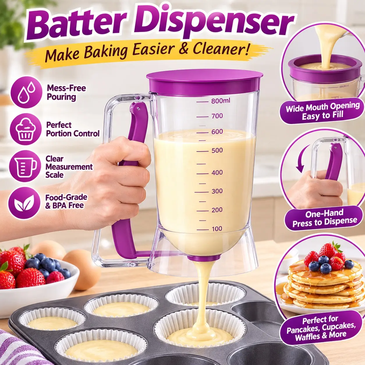 Pancake Batter Dispenser with Handle, Easy Pour Baking Tool, Ideal for Pancakes, Cupcakes, Waffles, Muffins & Desserts, Kitchen Essential