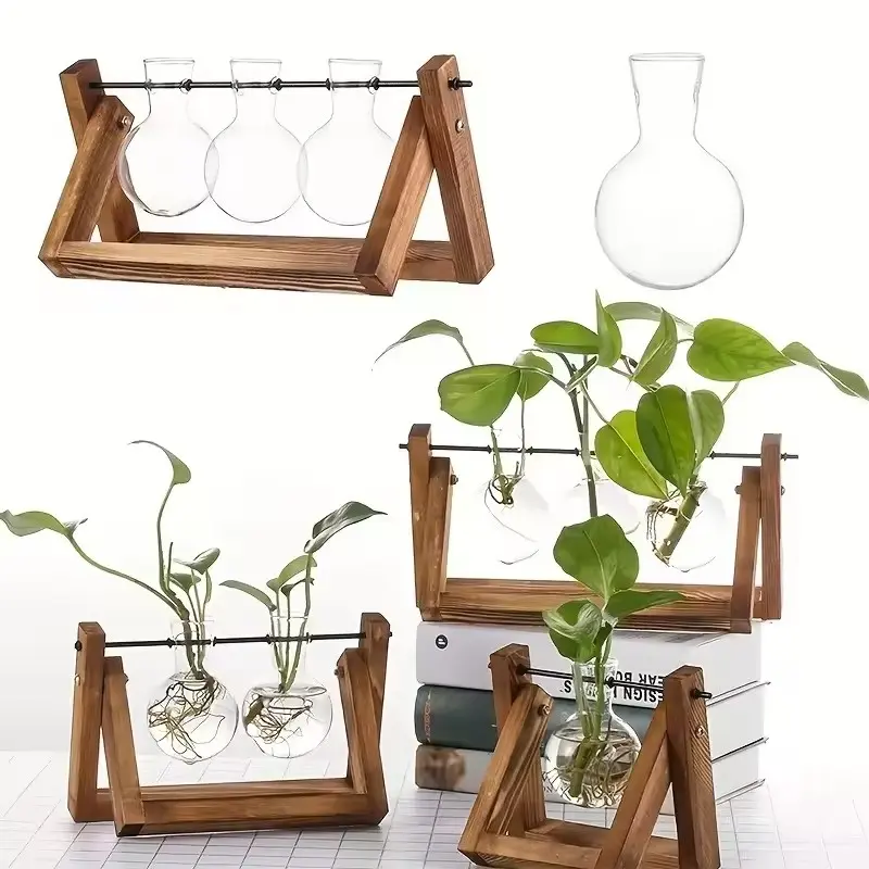 1Set of Plant Propagation Station, equipped with wooden stand and 3 glass vases | Indoor Plant Growing Box, suitable for decorating home office desks, a gardening gift for female mothers, and a birthday present for plant lovers