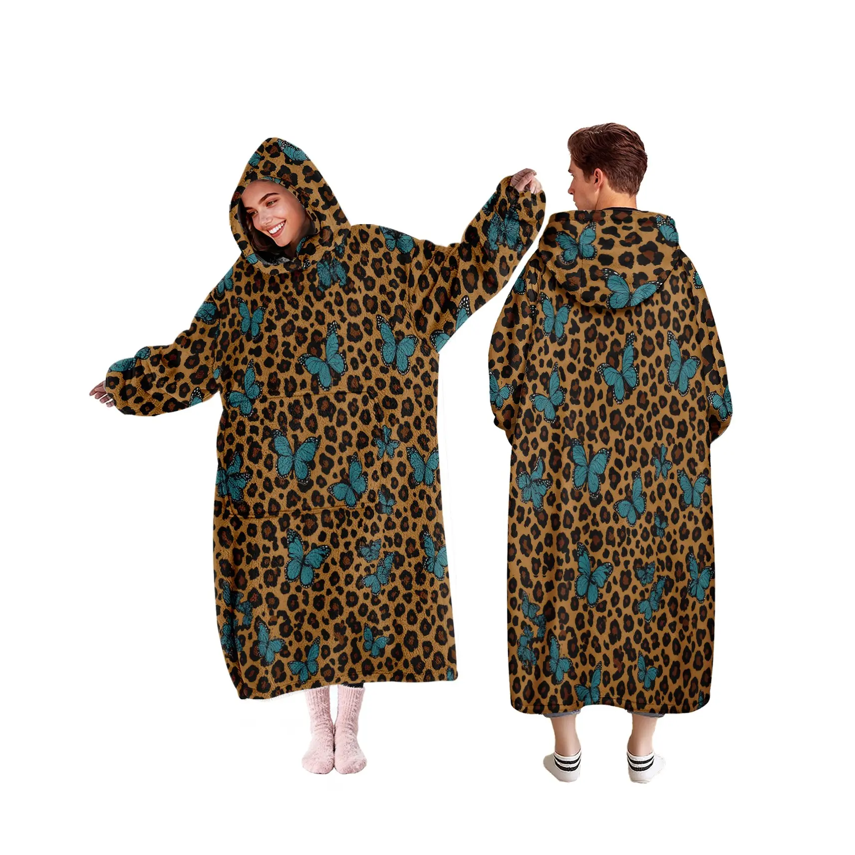 Adult Wearable Hooded Blanket, Loose Leopard Print Bow Tie Hoodie, Flannel Comfort with Large Pockets, Unisex Lazy Blanket