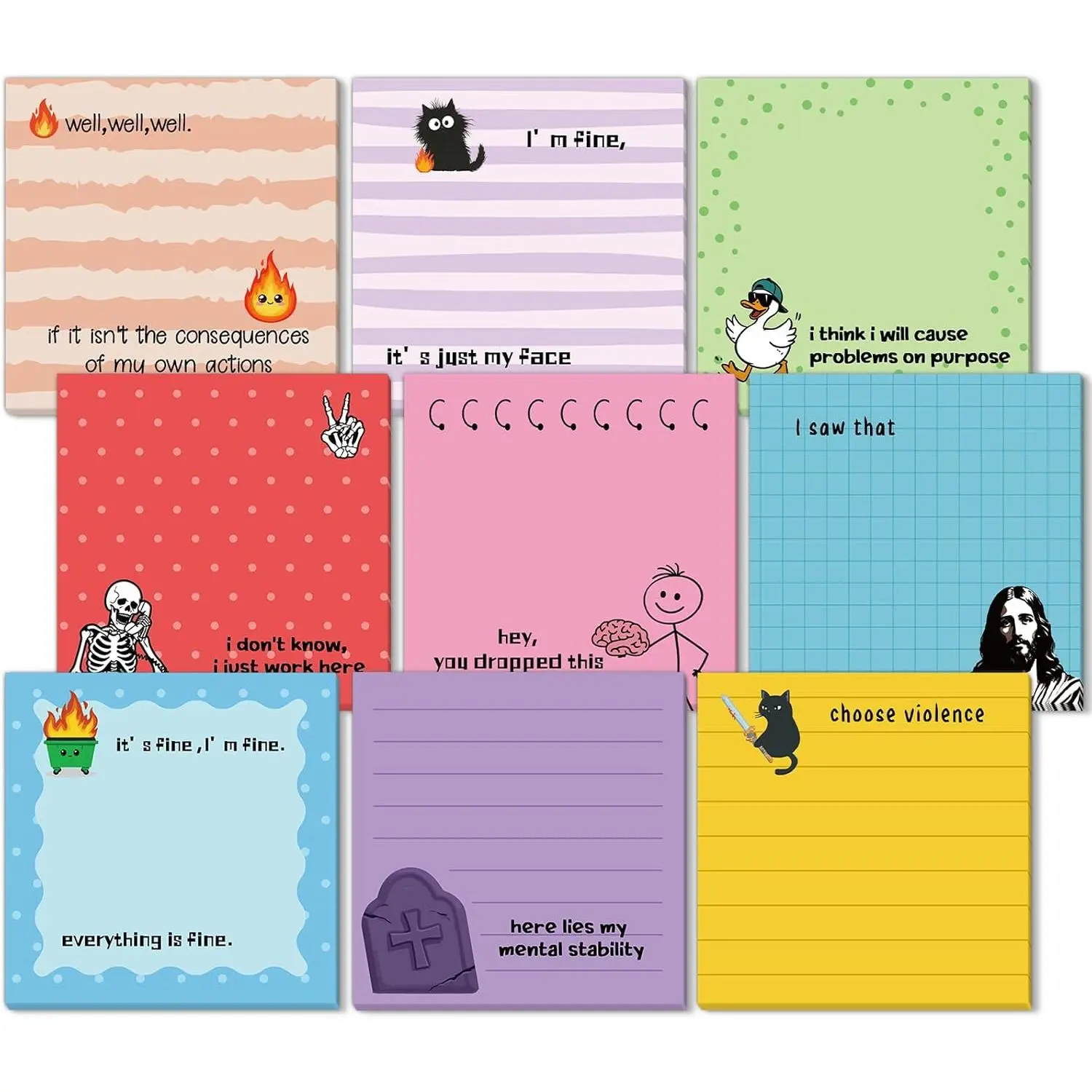 Funny Designs Self-Adhesive Notepads - 9 Count, 3" x 3", 50 Sheets Each (450 Total), Strong Adhesive, Compact for Carry, Ample Reminders Space, Fun and Practical Office Stationery Supplies for Coworkers, Compact To Carry, Excellent Adhesive