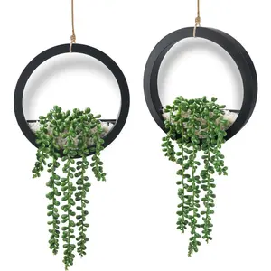 2 Pack Artificial Hanging Succulent Fake Plants in Black Planter Pots, Faux Greenery Wall Hanging Decor, Boho Farmhouse Home Accessories for Living Room, Bathroom, Indoor Wall Decoration
