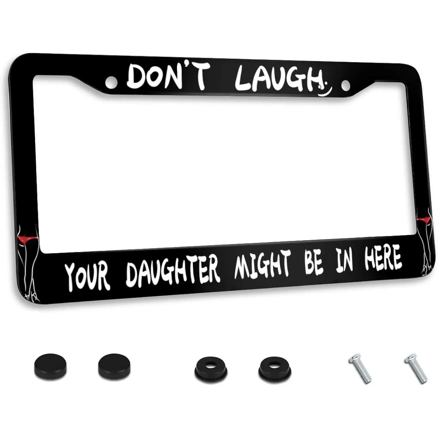 2pcs Don't Laugh Your Daughter Might Be in Here Funny License Plate Frame Car License Plate Stainless Steel Accessory License Plate Decor with Holes Screw 12 x6 Inch for US Canada Standard Size