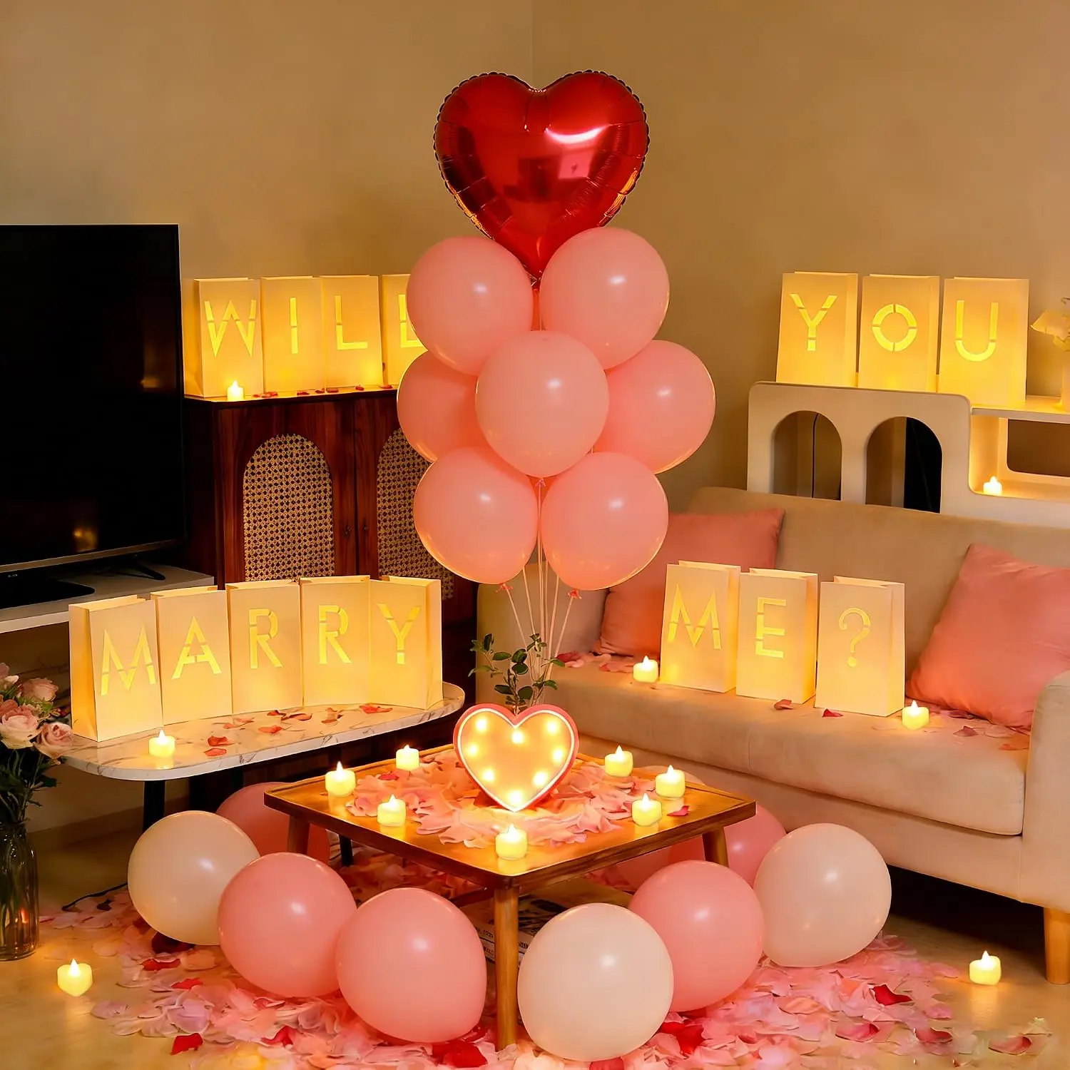 Will You Marry Me Light Up Letters Proposal Decorations with Luminary Paper Bags,Led  Candles,Rose Petals and Heart Balloons for Romantic Night,Valentines Day,Engagement Party,Proposals