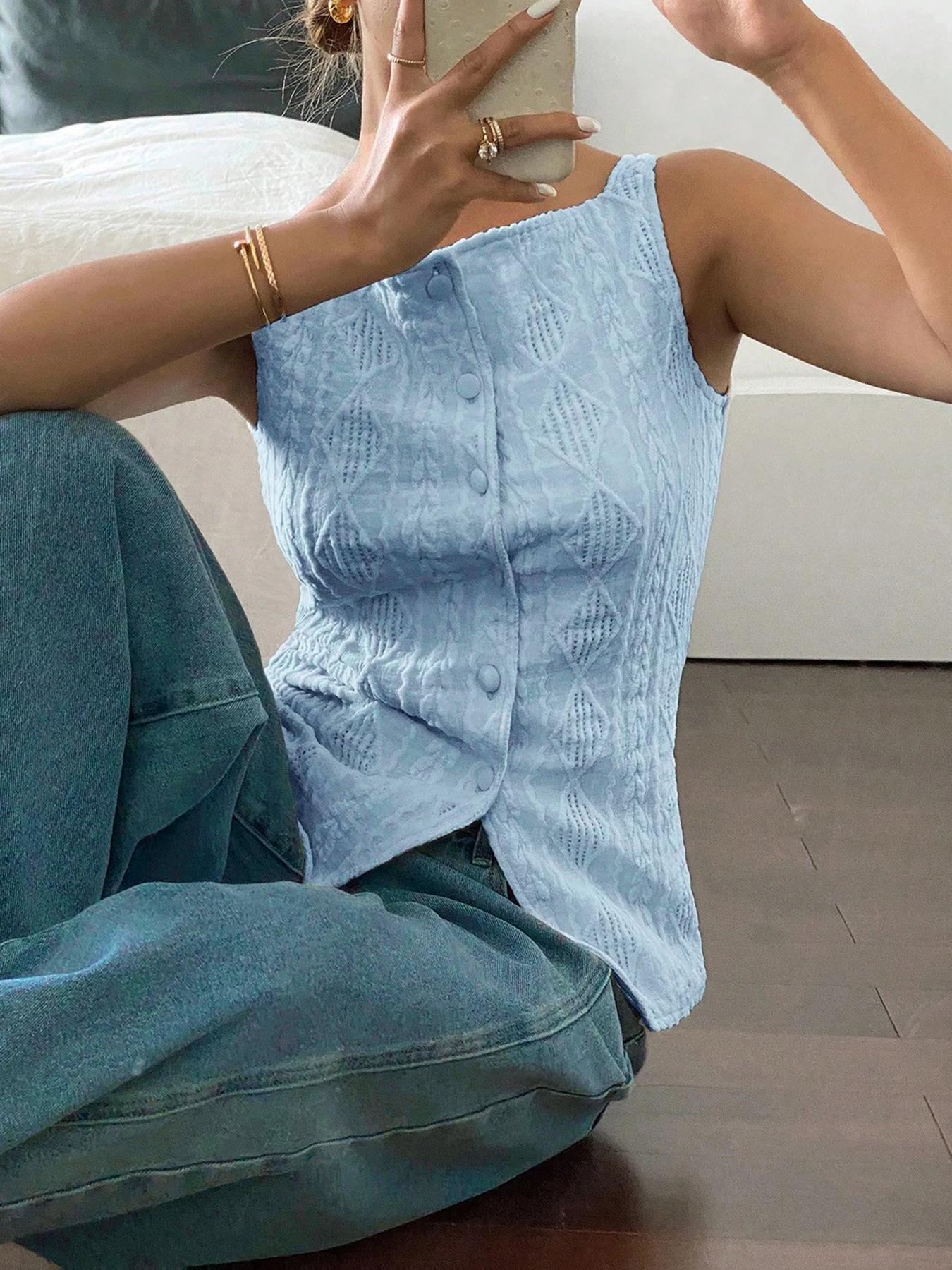 Women's Geometric Pattern Button Front Tank Top, Casual Fitted Sleeveless Top for Daily Wear, Ladies Clothes for All Seasons