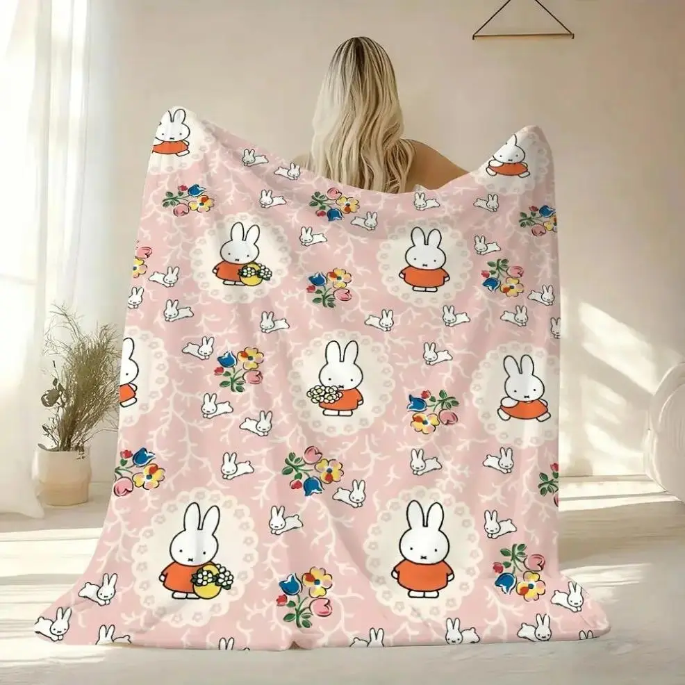 M-Miffy Bunny Print Flannel Weave Throw Blanket, cooling blankets cooling blanket blankets quince bedding, Soft Fluffy Skin-Friendly Multi-Size All Season Sofa Bed Cover Cozy Household Bedding Holiday Gift For Family Kids Adults Bunny Lovers