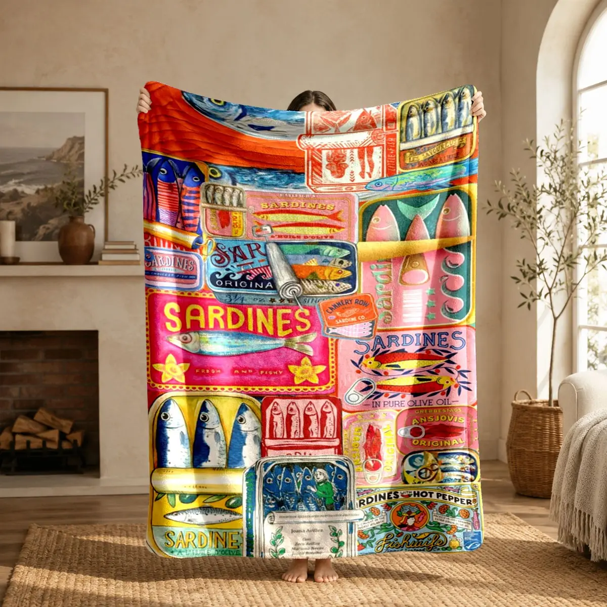 Soft Retro Colorful Sardine Can Patchwork Flannel Blanket, Warm Comfortable, Anti-Pilling, Ideal Gift for Home Decor