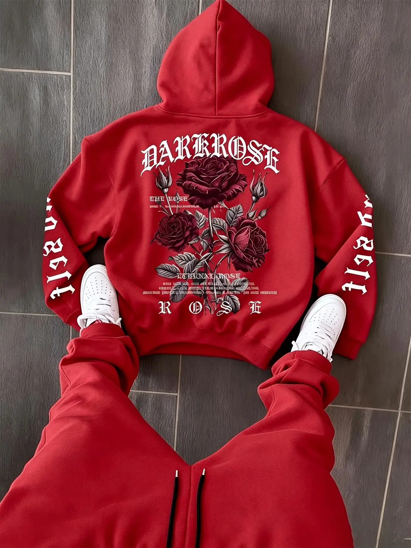 Men's Casual Long Sleeve Hooded Sweatshirt, Gothic Dark Rose Loose Hoodie, Vintage Street Style Floral Pullover, Men's Top for Fall