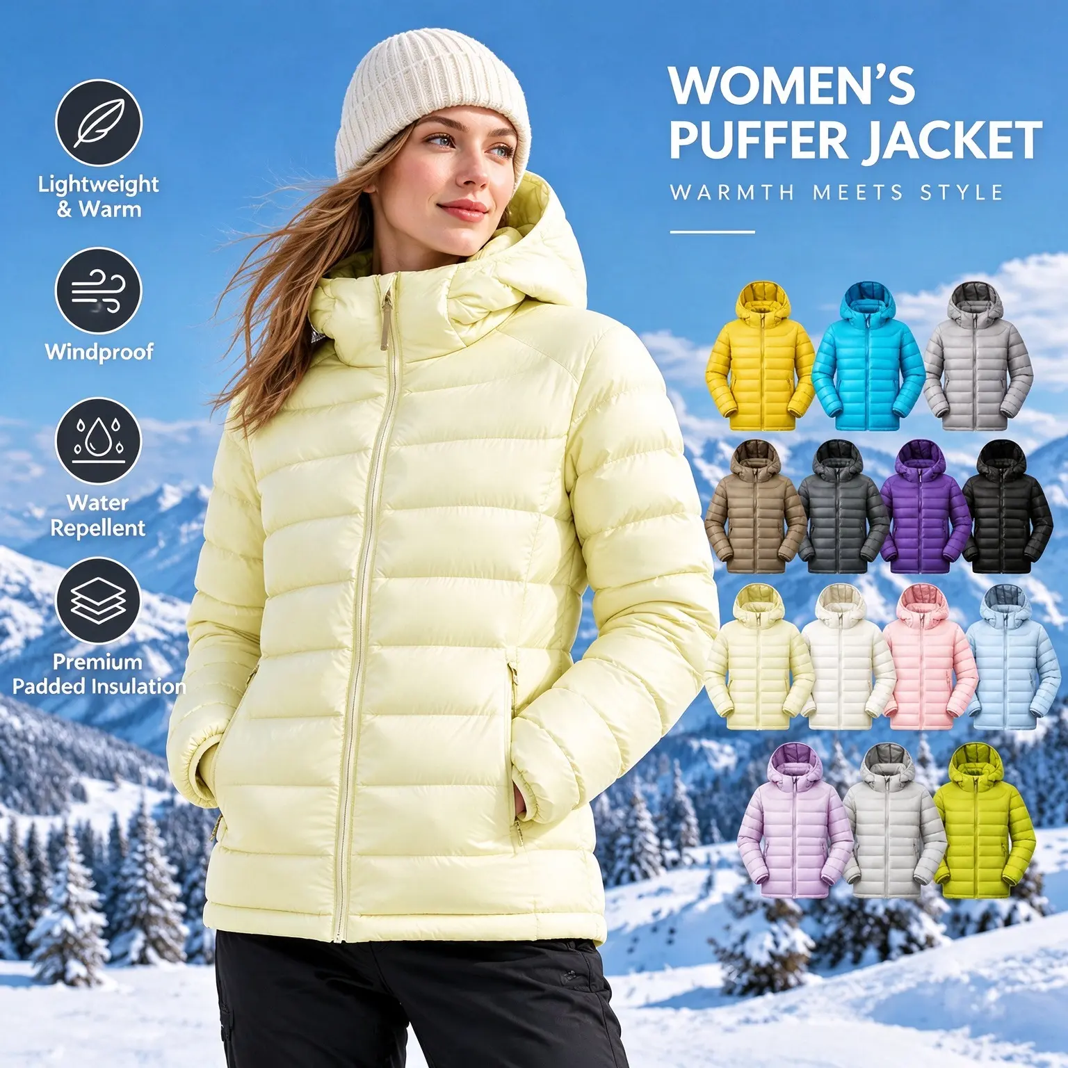 Womens Yellow Lightweight Puffer Jacket, Packable Winter Hooded Coat, Loose Fit Casual Outerwear, Great for Daily Wear Dating Travel