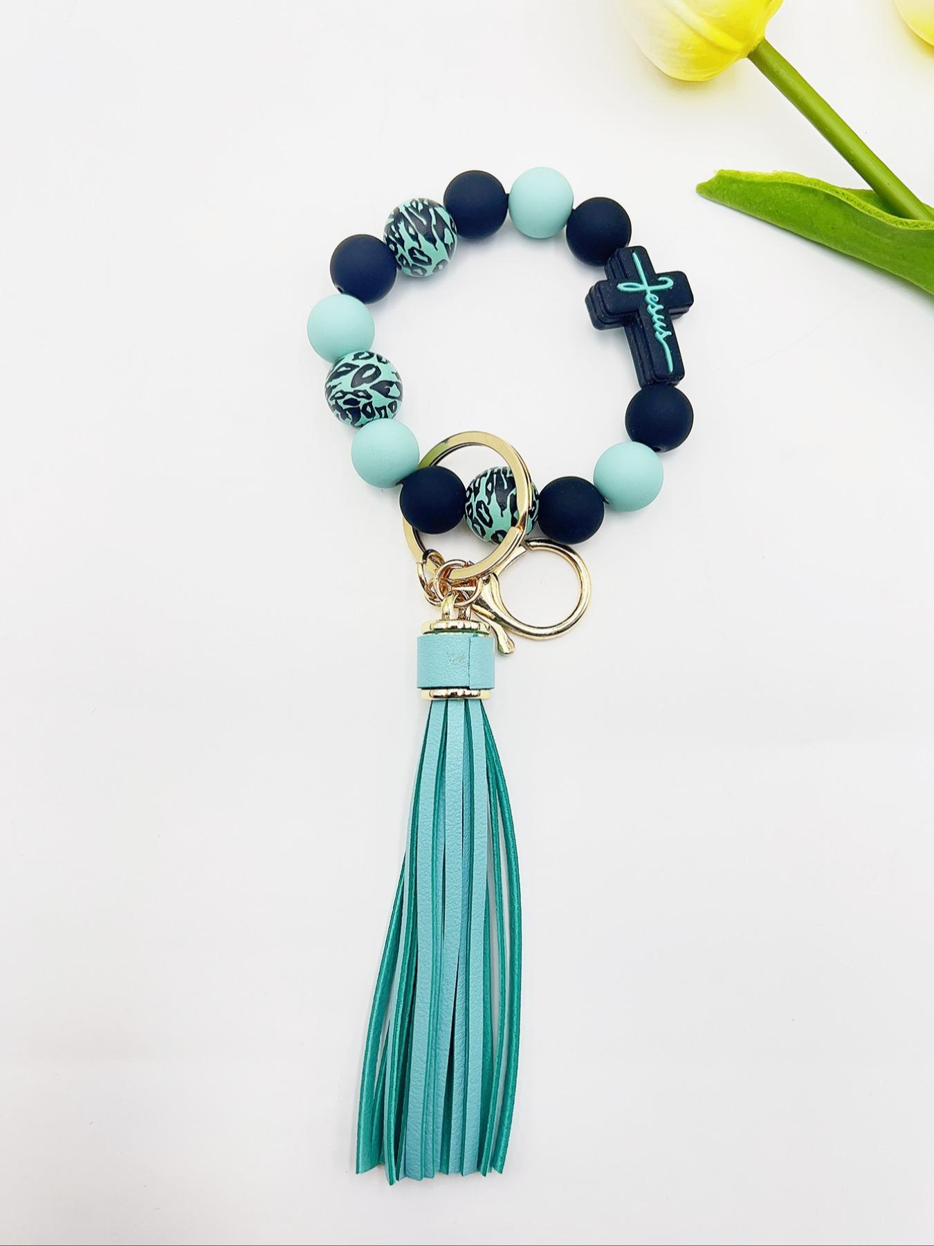 1 Piece Leopard Pattern Tassel Decor Beaded Keychain, Trendy Cute Jewelry for Women & Men, Fashion Accessories, Perfect Gift for Friends