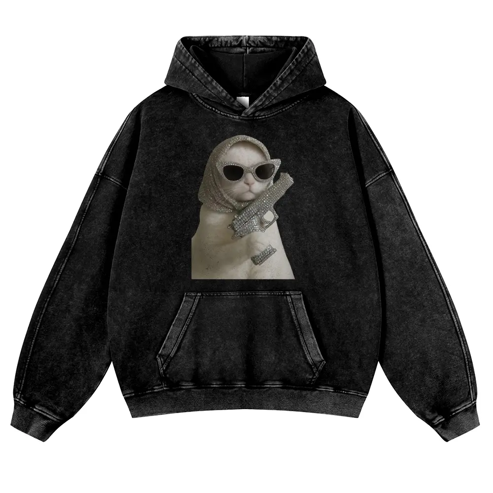 Unisex Vintage Black Acid Wash Hoodie | Gangster Cat with Rhinestone Gun Graphic Sweatshirt | Funny Meme Cat Lover Coquette Grunge Oversized Hooded Pullover Retro Streetwear,clothes for back to school,first day of school outfits