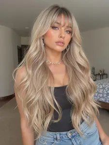 24 Inch Natural Look Long Curly Wig for Women, Elegant Synthetic Hairpiece with Bangs, Comfortable Fit, All-Seasons Wear, Snug Fit Wig, Blonde Wig, Synthetic Fiber Wigs