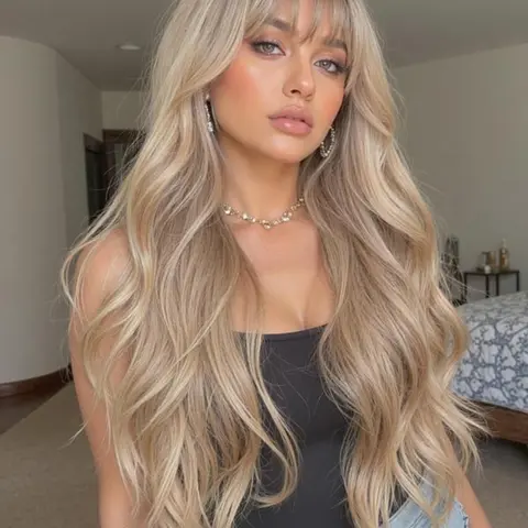 24 Inch Natural Look Long Curly Wig for Women, Elegant Synthetic Hairpiece with Bangs, Comfortable Fit, All-Seasons Wear, Snug Fit Wig, Blonde Wig, Synthetic Fiber Wigs, Curled Synthetic Wig