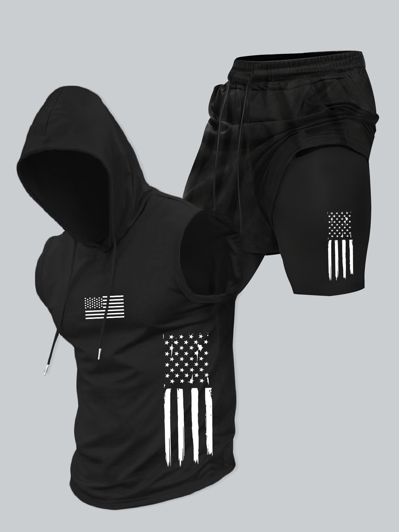 Two-Piece Set Men's American Flag Print Hooded Tank Top & Shorts Set, Regular Fit Casual Sleeveless Top & Shorts, Men's Summer Activewear Sportswear Set Menswear Athletic Clothes