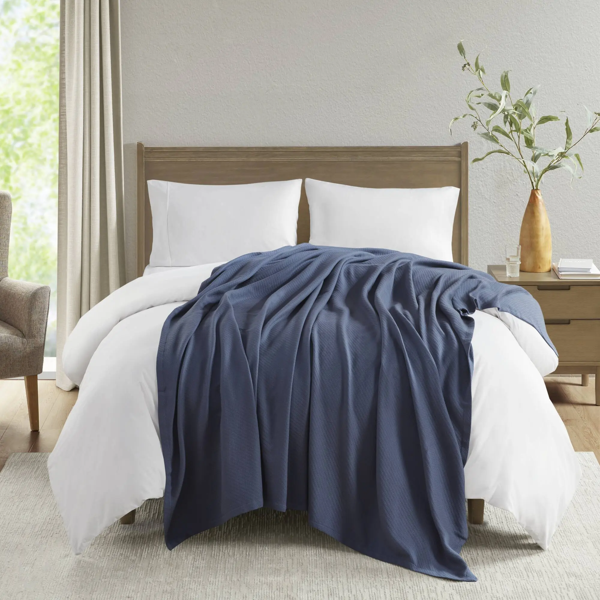Nokaa Full/Queen Size Blanket – Soft Cozy Lightweight Cotton Bed Blanket for All Seasons, Breathable Throw for Couch Sofa Bedroom Living Room, Machine Washable, 90x90 Inches, Navy, Oeko-Tex Certified