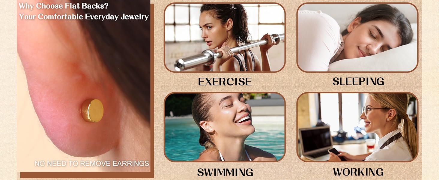 ZELORES 3 Pairs Gold Plated Flat Back Earrings for Women Silver Post Tragus Cartilage Earring Set for Multiple Piercing Trendy Flatback Stud Earrings minimalist elegant fashion Earcuff