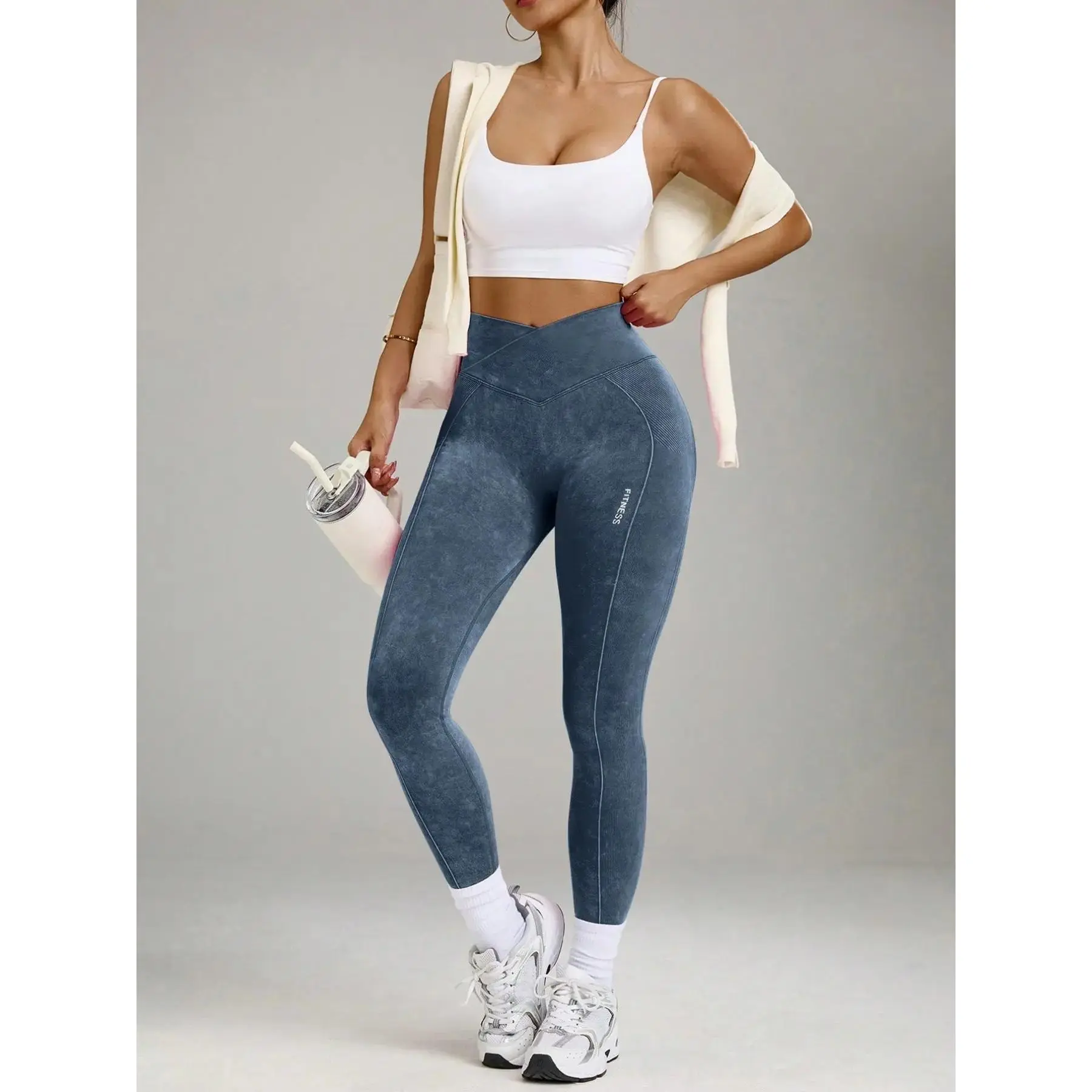 Peach Lift Cross Waist Leggings, High Waisted Athletic 4 Way Stretch Fitness Seamless Workout Pants for Yoga, Running, Gym, Activewear, Navy Blue
