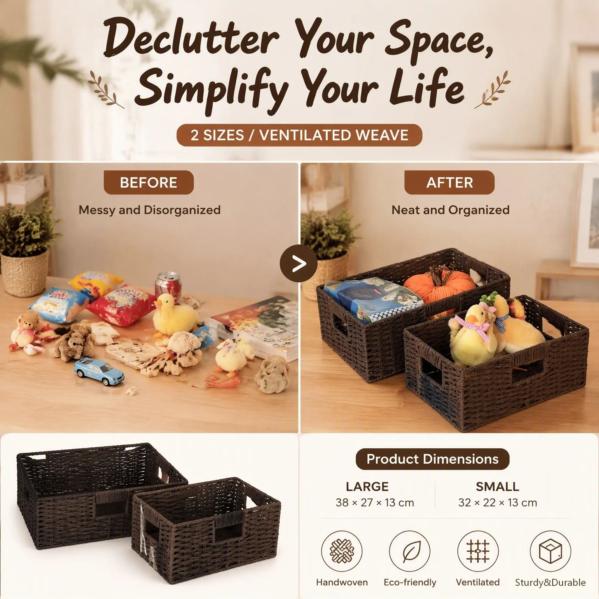 2‑Pack Handwoven Paper Rope Storage Baskets, Vertical Rectangular Organizer Bins, Woven Makeup Basket for Shelf Closet Cabinet, Home Decor Tote for Sundries & Cosmetics