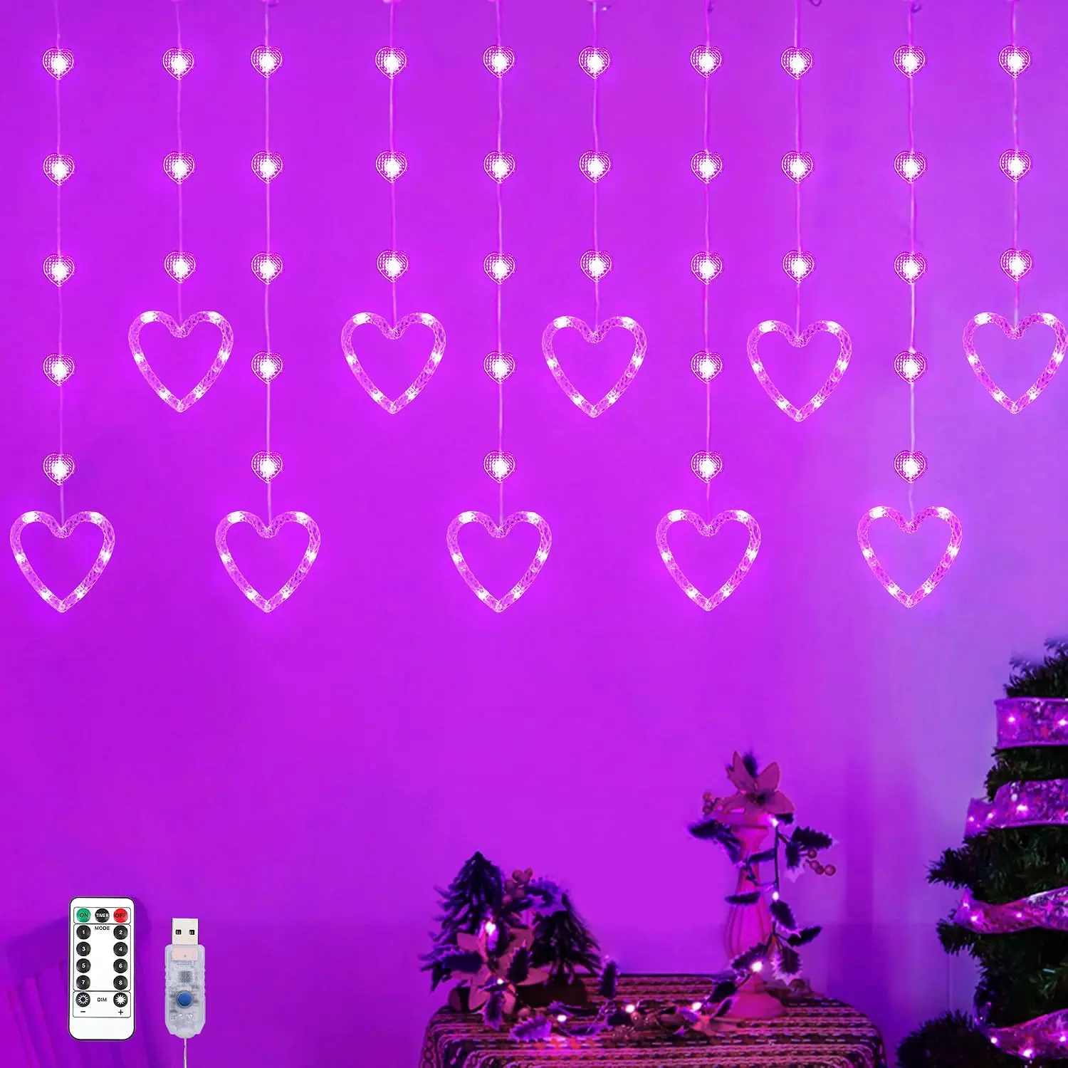 Heart Curtain Lights, 9.8ft Valentine's Day Window Lights, USB Plug LED Hearts String Lights, Light up Heart  Lights for Valentines Mother's Day Room Decoration ()