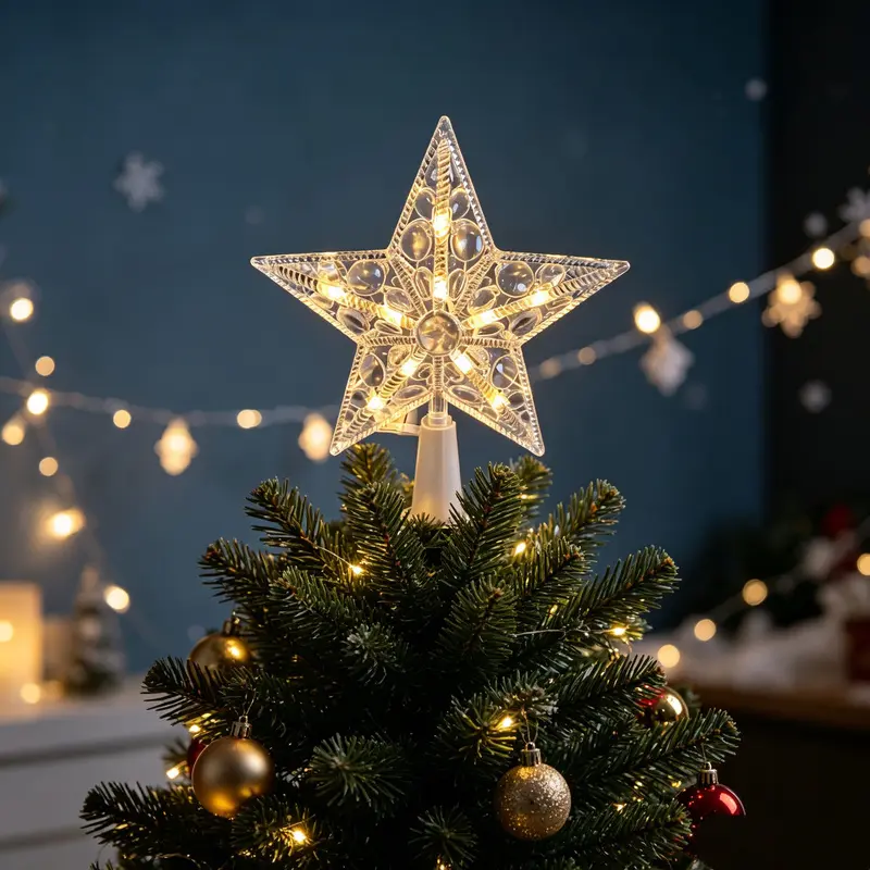 1 piece of Christmas tree top star decoration light, creates a warm and cozy atmosphere, can light up and is powered by button batteries. Can emit light for a long time. Suitable for Christmas home, office, and outdoor Christmas tree decorations