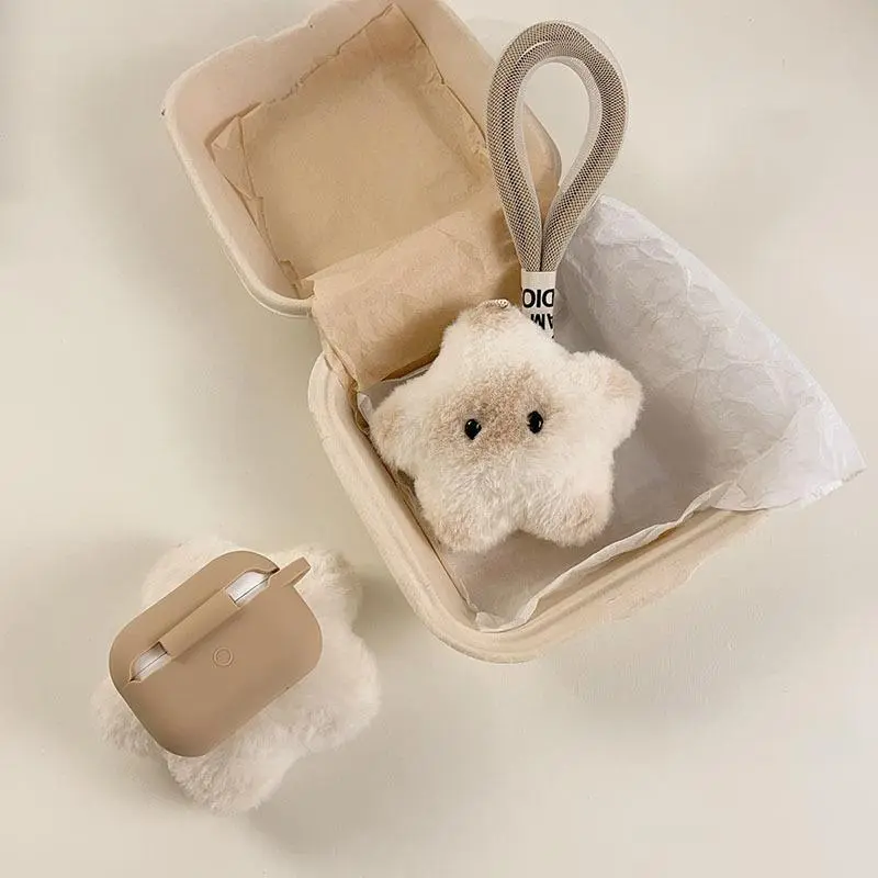 Super Cute Long-Pile Plush Star AirPods Case, Soft Fluffy Shockproof Protective Earbud Cover, Universal Fit AirPods 3, AirPods Pro & AirPods 4 Gen Kawaii Tech Accessory for Women & Teens
