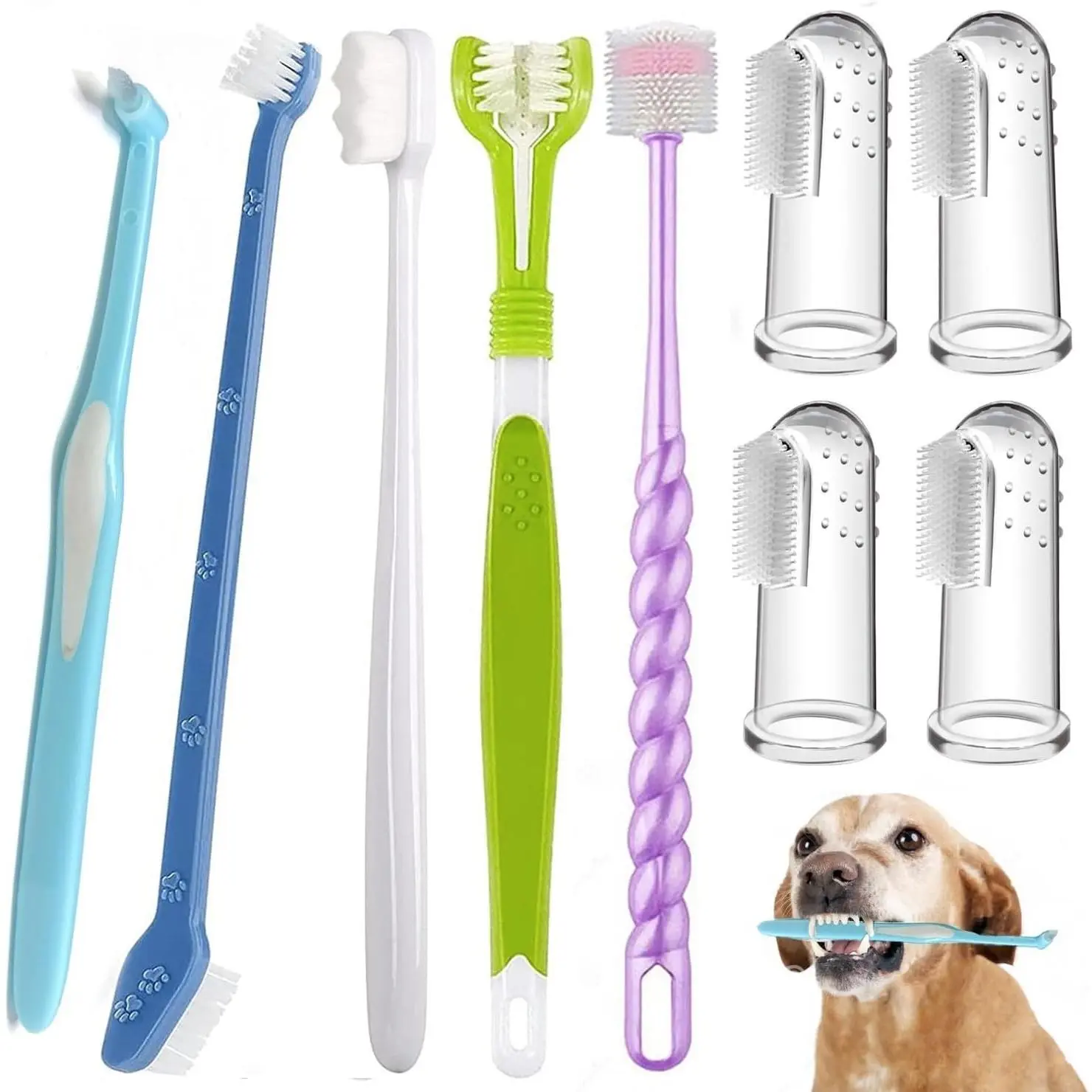 360 Degree Dog Cat Toothbrush Set - Triple & Double Head Finger Toothbrushes for Pet Oral Dental Health Cleaning (9 Pack)Gift