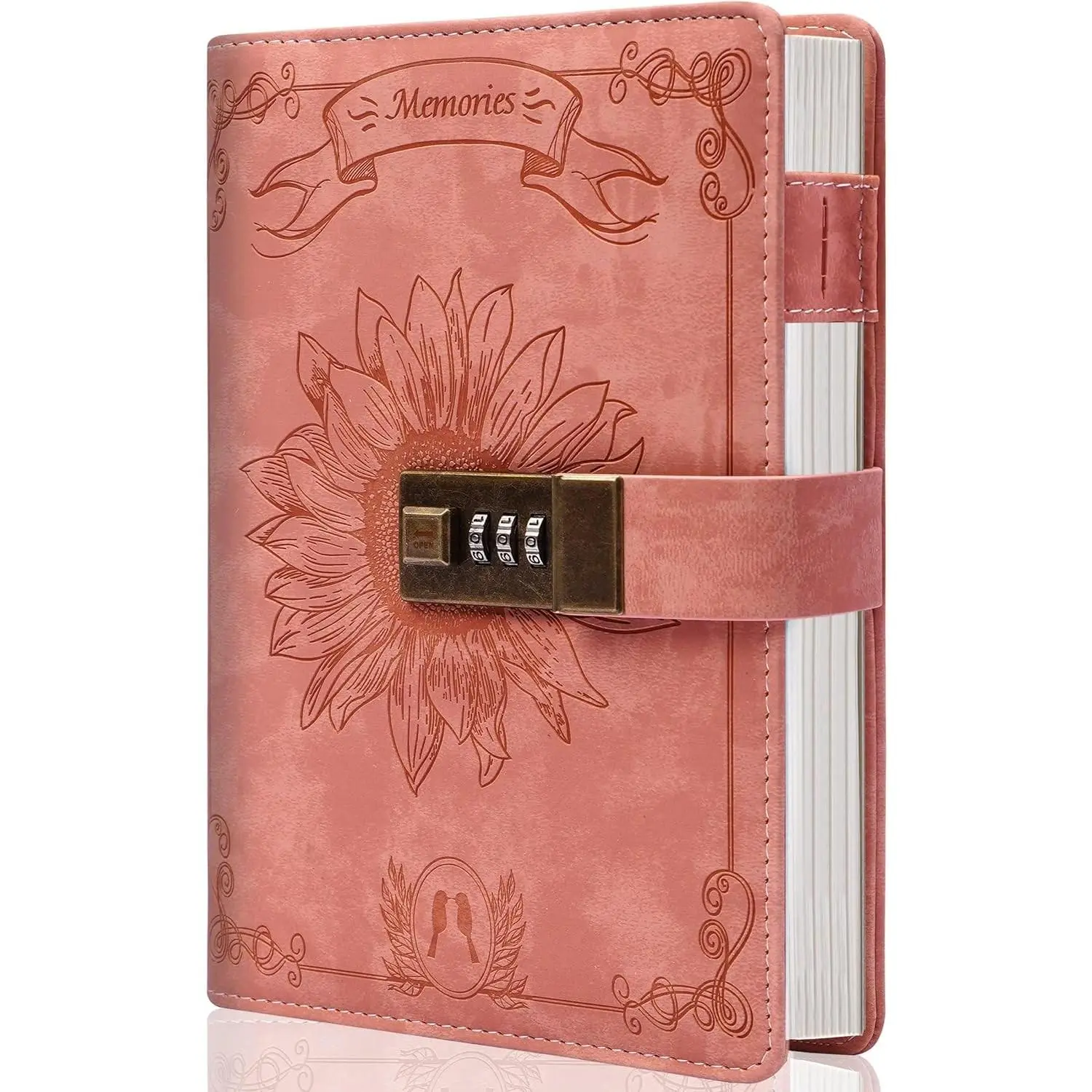 Lock Diary for Women Girls Vintage Lock Journal Refillable Personal Locking Diary Leather Locking Journal Writing Notebook B6 Secret Journal with Combination Passwords 5.5 x 7.8 in, Sunflower Pink
