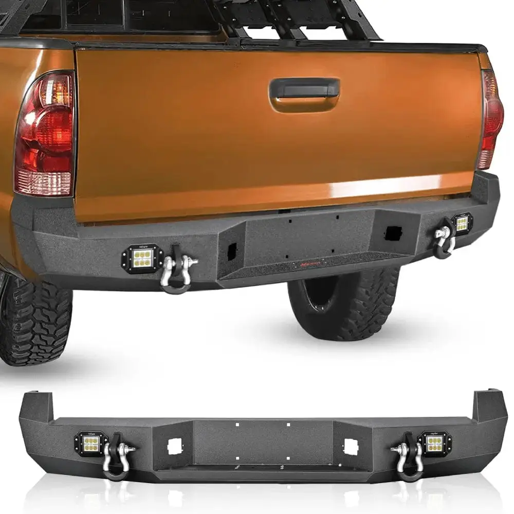 Nilight Bolt-On Full Width Textured Black Solid Steel Rear Step Bumper for 2005-2015 Toyota Tacoma, W/2x18W LED Lights, 2x4.75ton D-Ring Isolators, Steel Sheet, 2in x 0.120in Tubing, Installation Manual, Screw Set