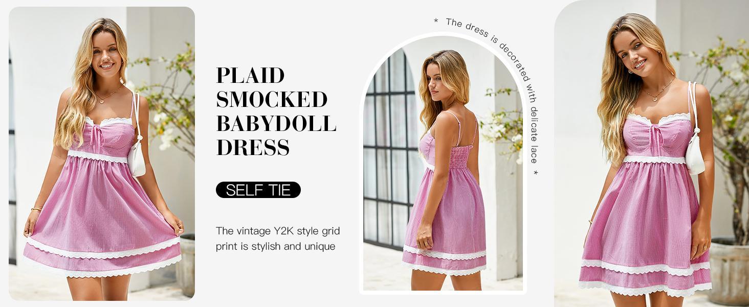 Imily Bela  Womens Cute Plaid A-line Summer Beach Dresses Spaghetti Straps Ruffle Hem Casual Mini Dress with Side Pocket