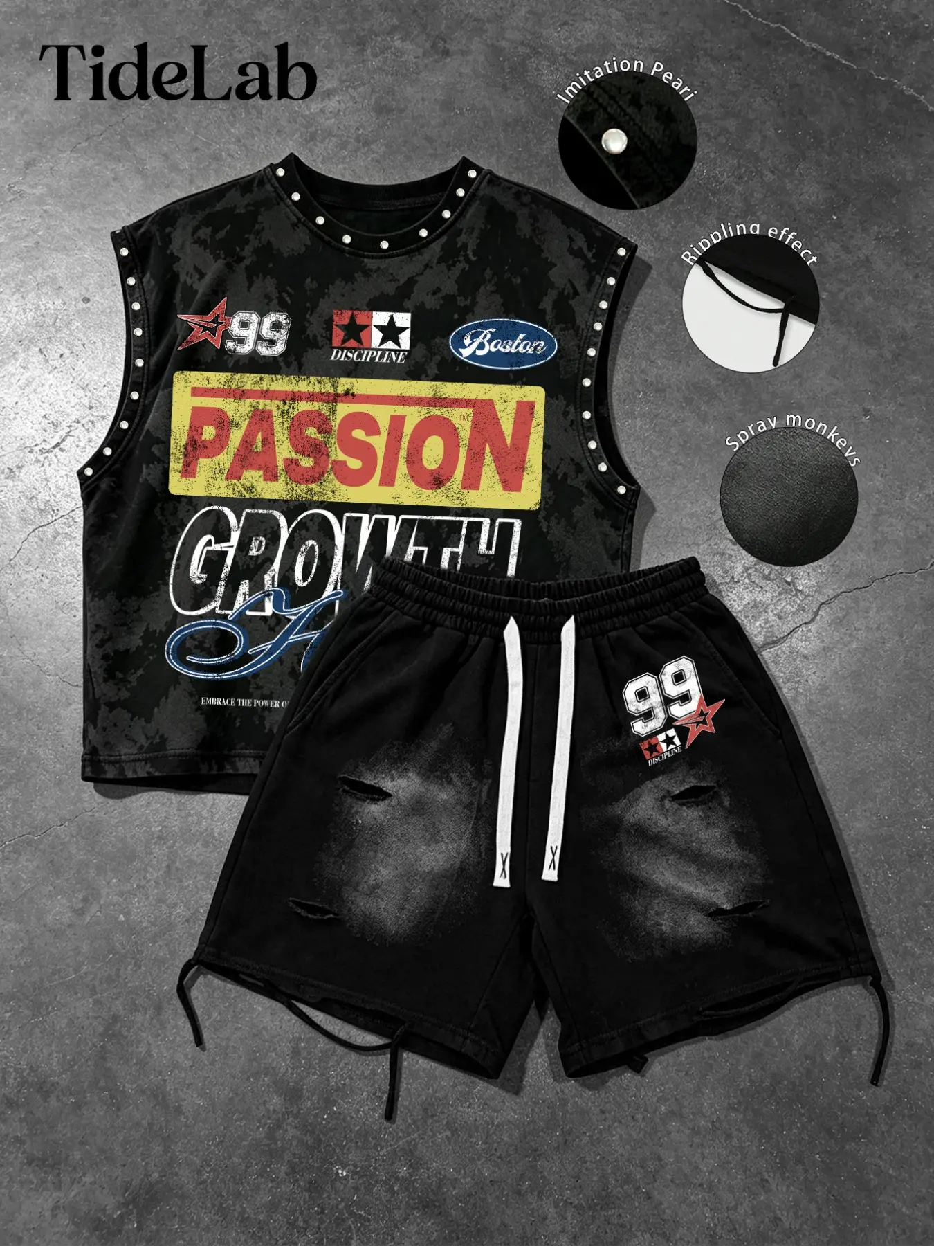 Unisex Retro Racing Print Tank Top & Distressed Drawstring Shorts Set, Streetwear Style, Casual Summer, 2-Piece Fashion Ensemble