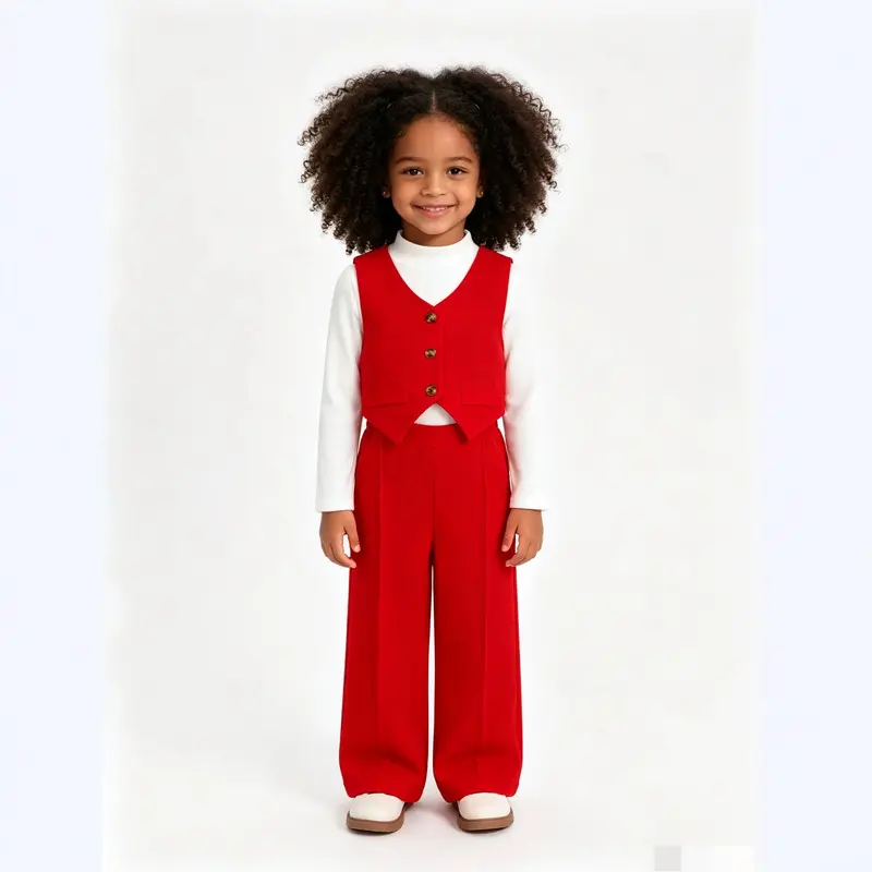 Girls' British-Style 3-Piece Suit Set 2026 New Model - V-Neck Blazer, Solid Color Shirt, Suit Pants for School Events