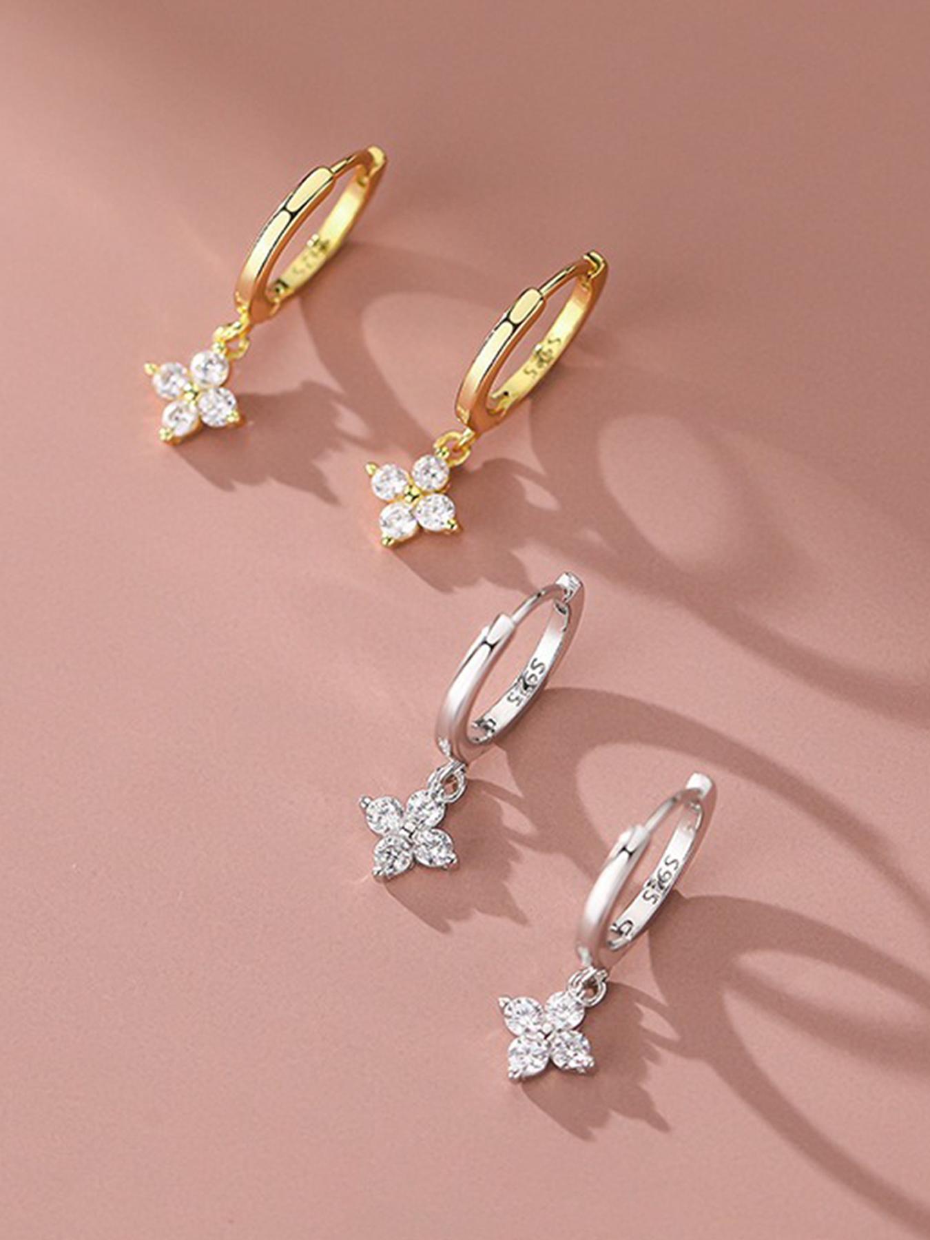 S925 Sterling Silver Four Leaf Clover Rhinestone Design Earrings, Fashionable Earrings for Women, Trendy All-match & Exquisite Jewelry for Birthday Gift