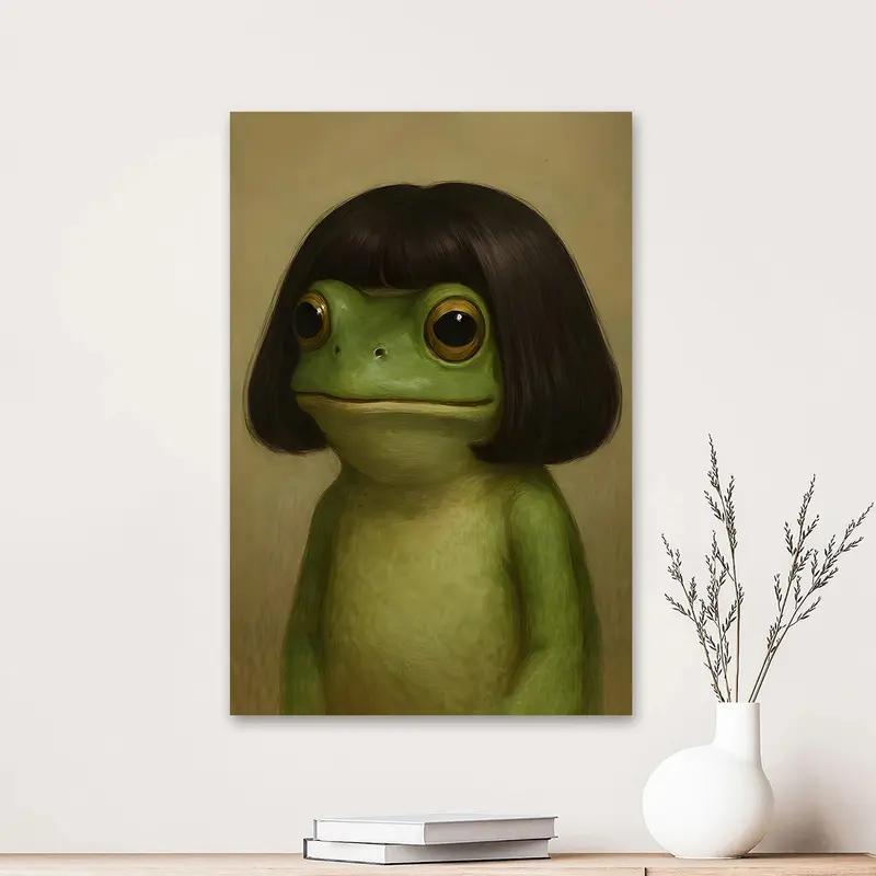 1pc Wooden-Framed Whimsical Frog Portrait Poster - Vibrant Cartoon Design, Green Frog with Bob Haircut Canvas Art, Whimsical Home Decor for Bathroom, Bedroom Wall Decoration