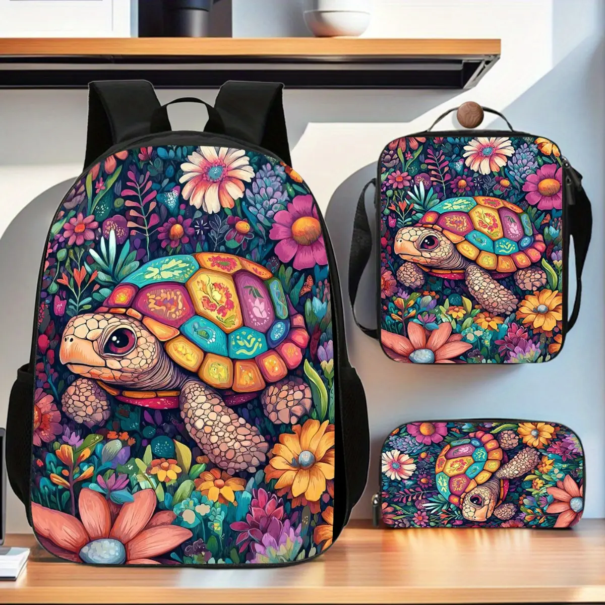 3pcs Sea Turtle Backpack Set & s - Marine-Themed & Travel Kit with Large Laptop Compartment, Pencil Case & Crossbody Bag - Lightweight Durable Backpacks with Sea Turtle Patterns (No Food Contact)
