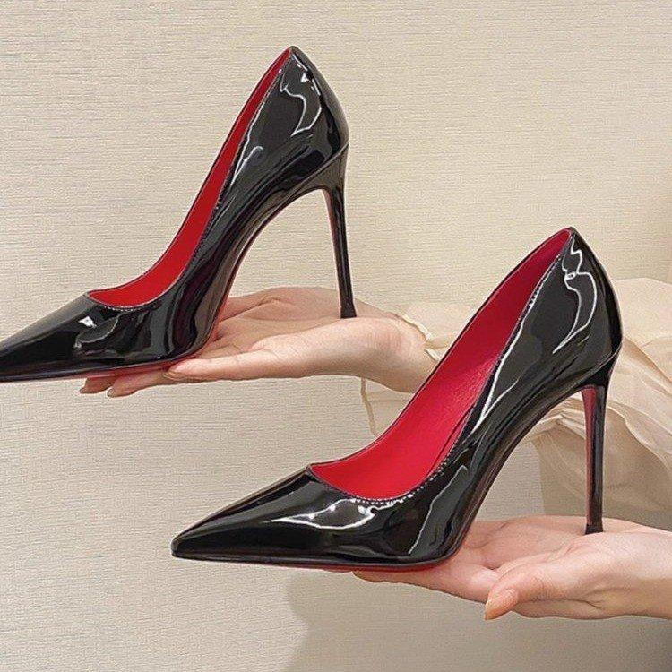 Spring Black Red Sole High Heels Women Pointed Toe Thin Heel Sexy Glossy Elegant Single Shoes Patent Leather Women Shoes