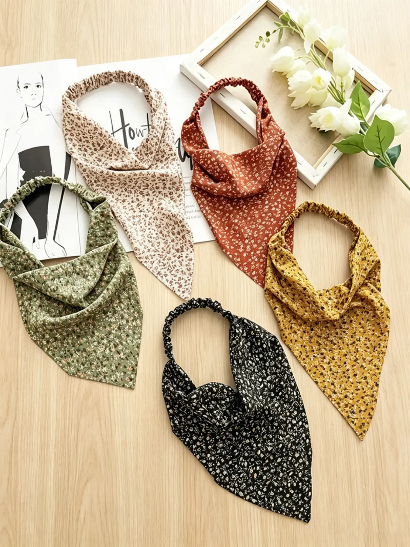 Floral Print Bandana (5 Counts), Cute Wide Band Triangle Scarf, Elastic Zigzag Headband, Floral Hairband for Women & Girls, Fashion Hair Accessories for Beach, Travel, Vacation, Zig Zag Headbands