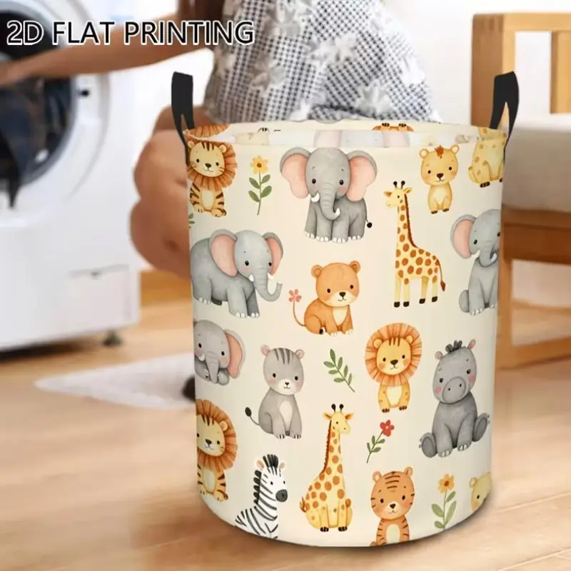 1pc, Round Laundry Basket, Cute Cartoon Safari Animals Pattern, Hamper with Handle Easy Storage, Collapsible Laundry Basket, Perfect Home Bedroom Sundries Daily Use Storage Basket, Spacious Laundry Basket, Laundry Baskets, Shelf Baskets