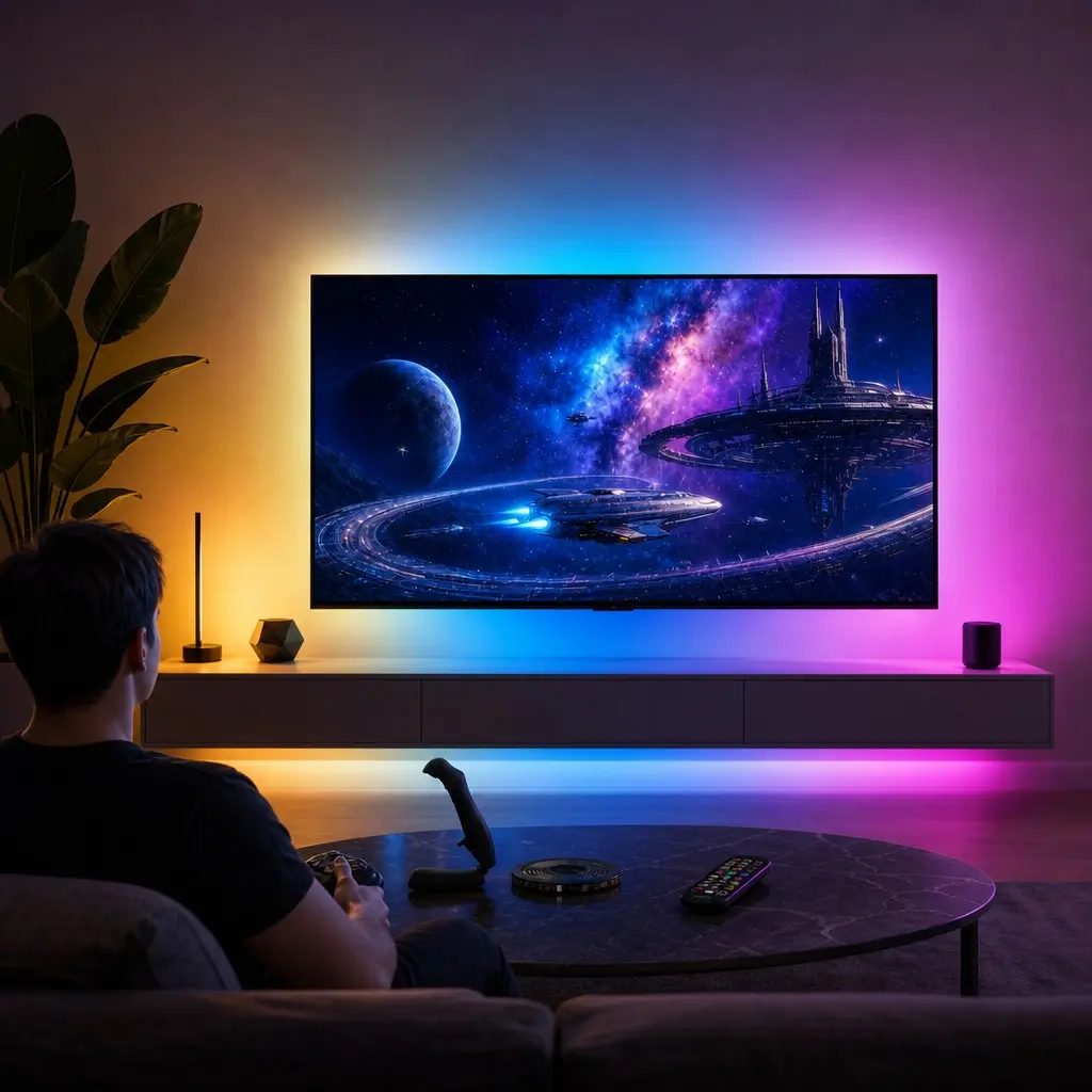 Smart TV LED Backlight Lamp Strip with Fish Eye Correction, Multi-Color RGB Sync, USB Powered Remote Control Bias Lighting for 60" 70" Inch TV, TV Accessories